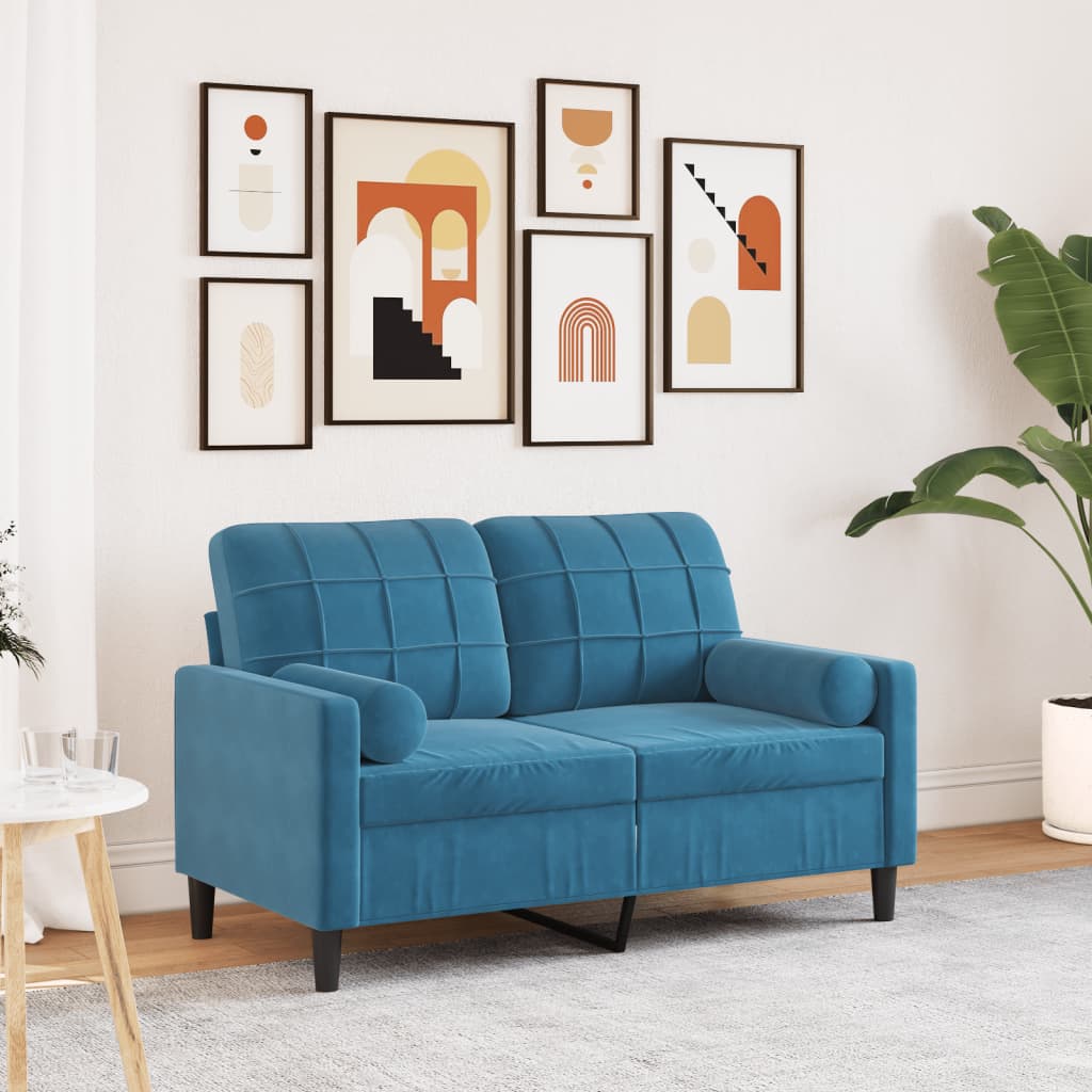 Canapé 2 places avec oreillers décoratifs bleu 120 cm velours