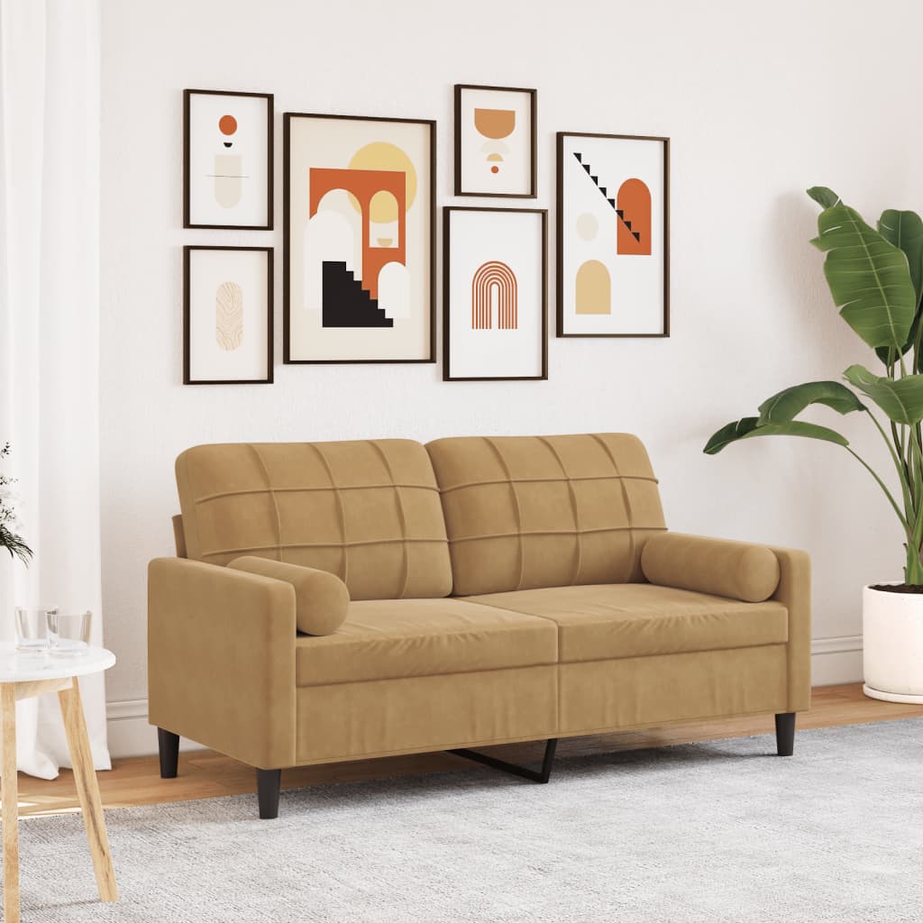 Canapé 2 places avec oreillers décoratifs brun 140 cm velours