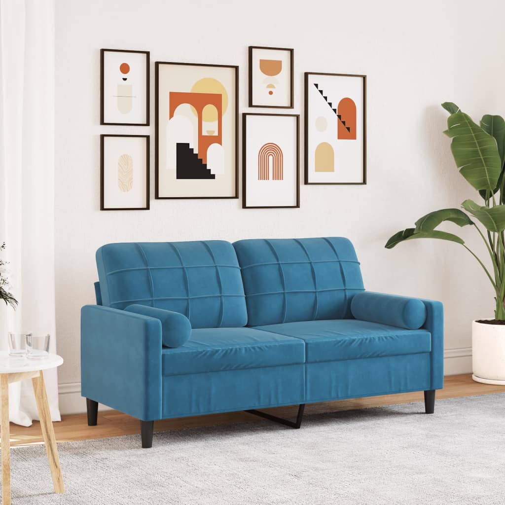 Canapé 2 places avec oreillers décoratifs bleu 140 cm velours