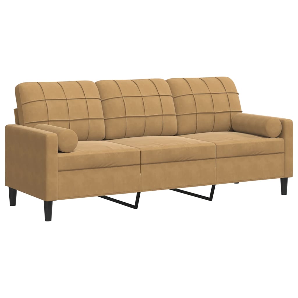 Canapé 3 places avec oreillers décoratifs marron 180 cm velours