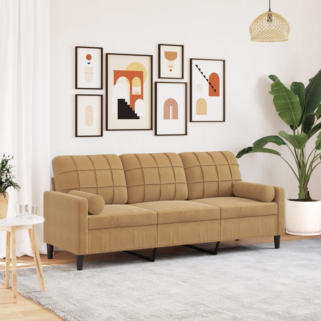 Canapé 3 places avec oreillers décoratifs marron 180 cm velours