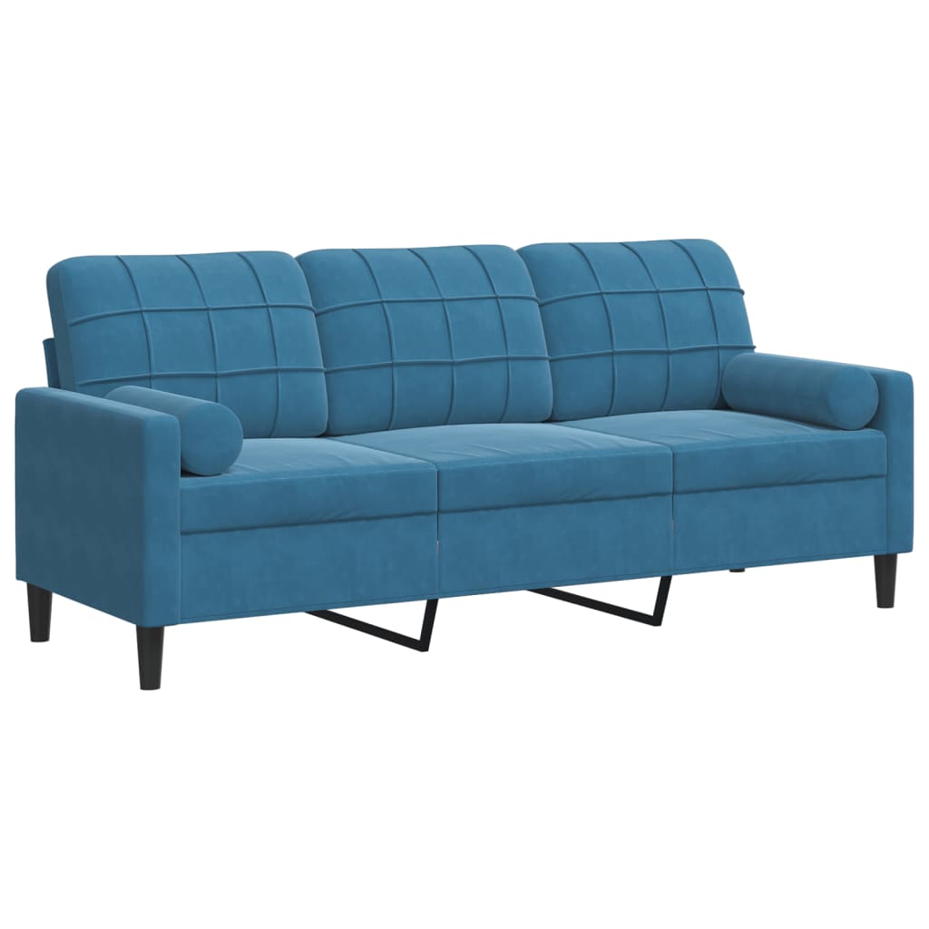 Canapé 3 places avec oreillers décoratifs bleu 180 cm velours