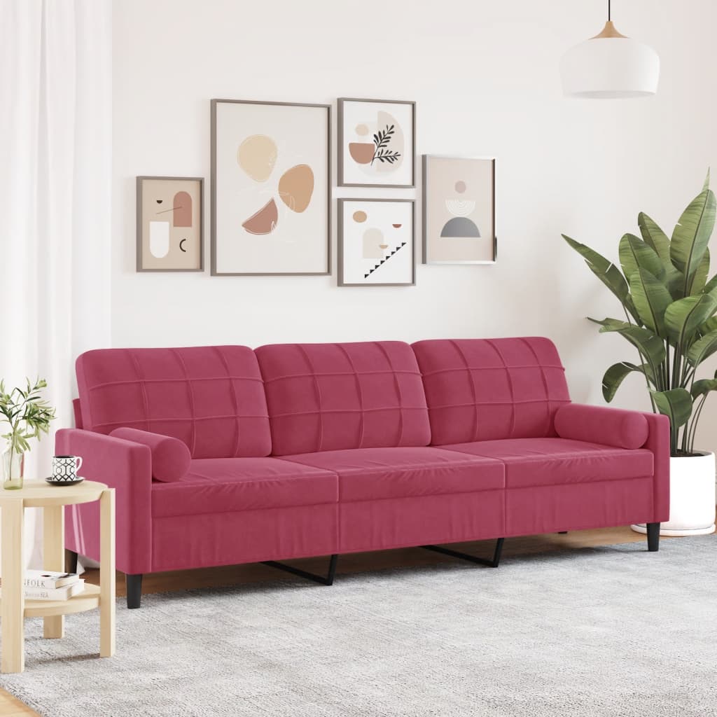 Canapé 3 places avec oreillers bordeaux 210 cm velours
