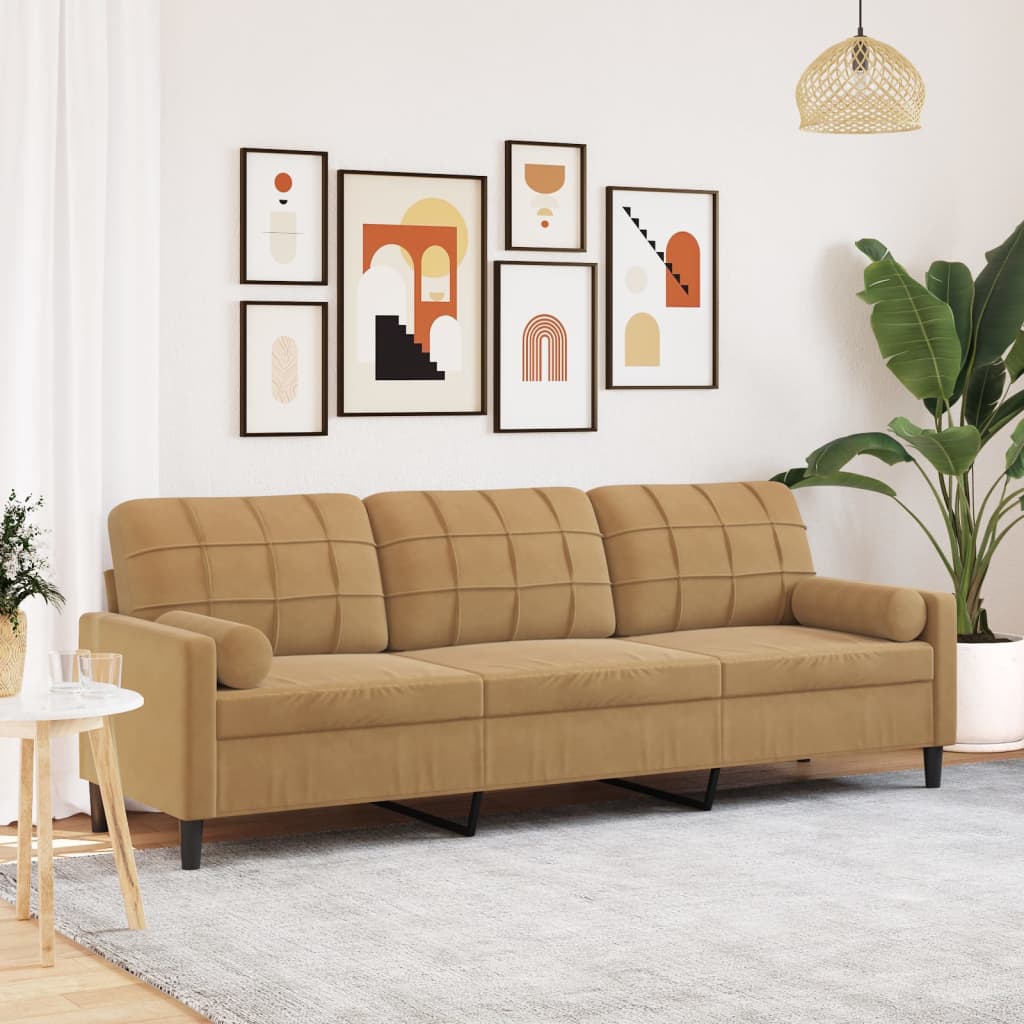 Canapé 3 places avec oreillers décoratifs marron 210 cm velours