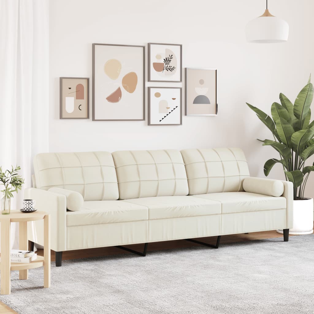 Canapé 3 places avec oreillers décoratifs crème 210 cm velours