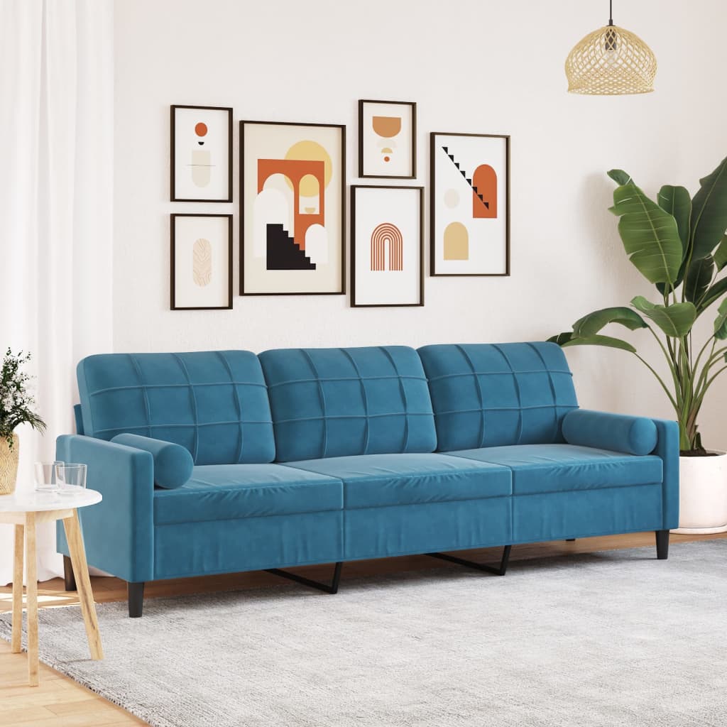 Canapé 3 places avec oreillers décoratifs bleu 210 cm velours