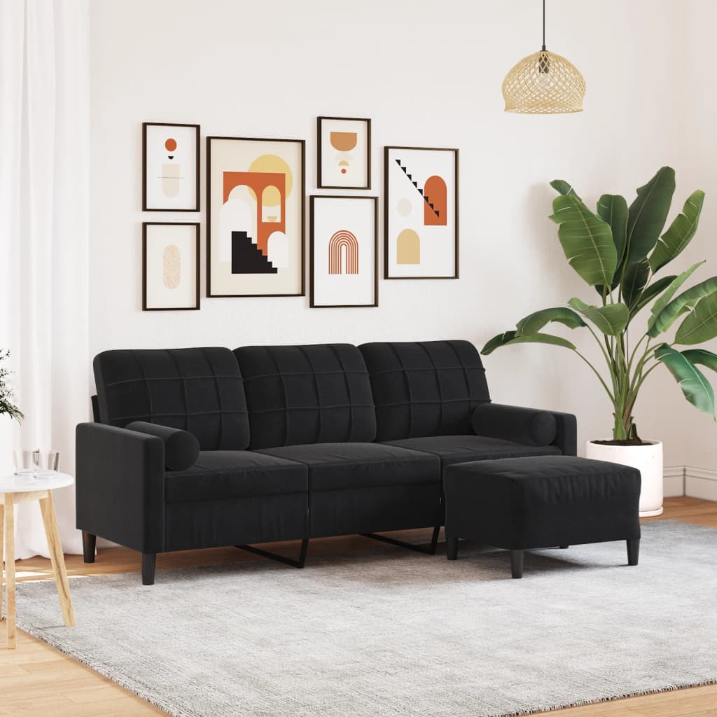 Canapé à 3 places avec repose-pieds Noir 180 cm Velours