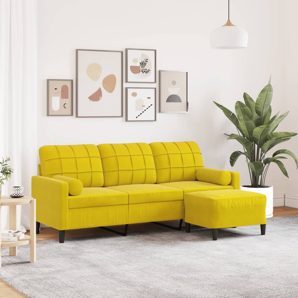 Canapé à 3 places avec repose-pieds jaune 180 cm velours