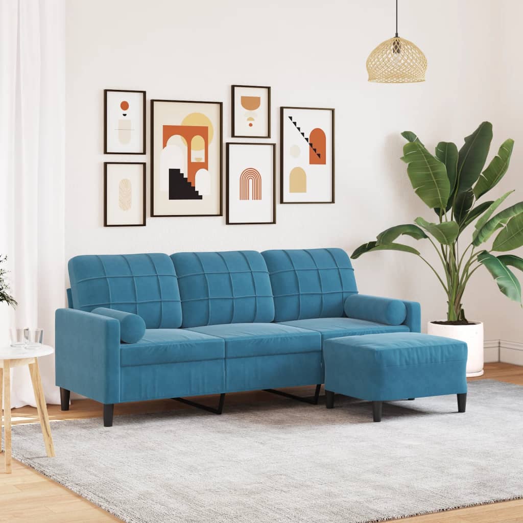 Canapé à 3 places avec repose-pieds Bleu 180 cm Velours