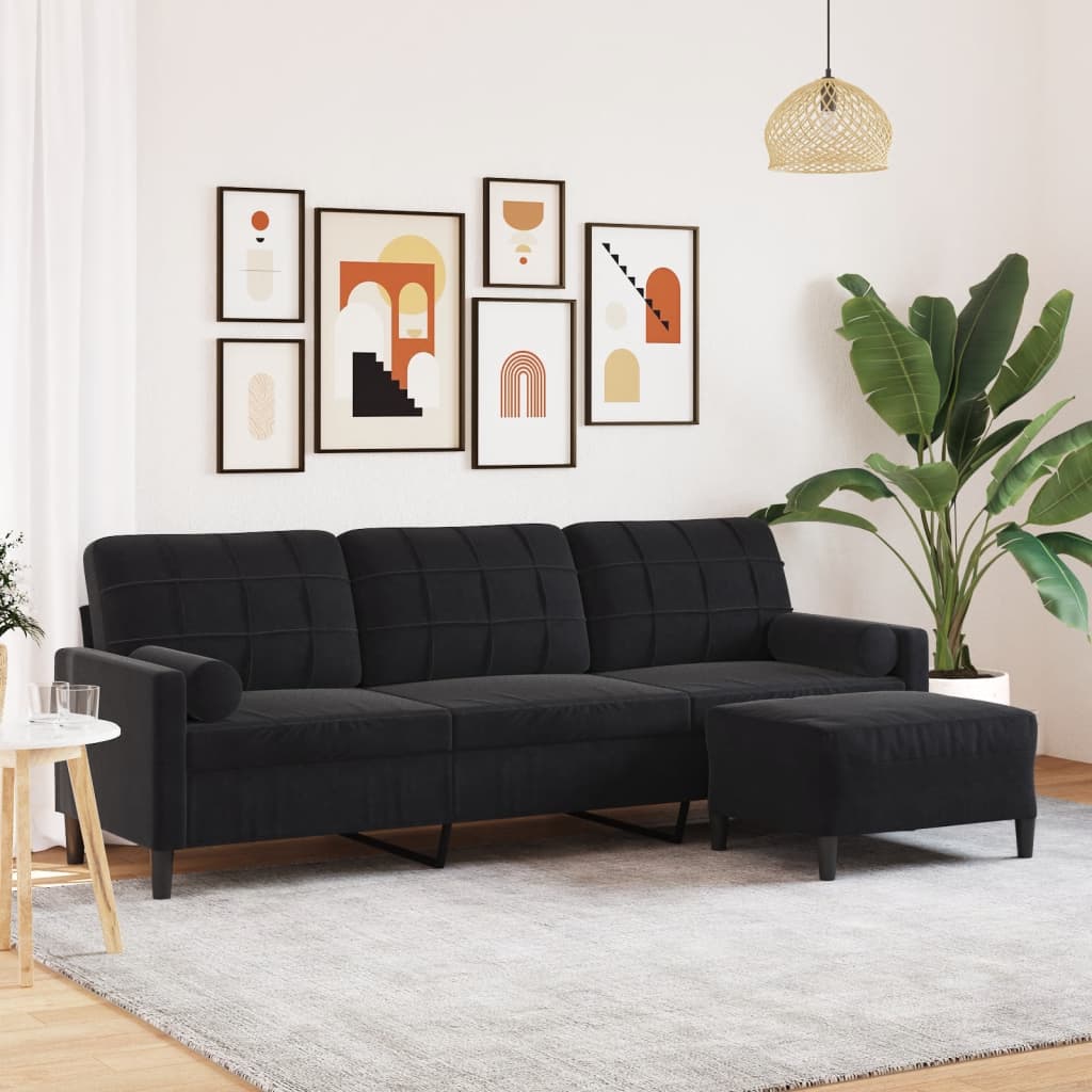 Canapé à 3 places avec repose-pieds Noir 210 cm Velours