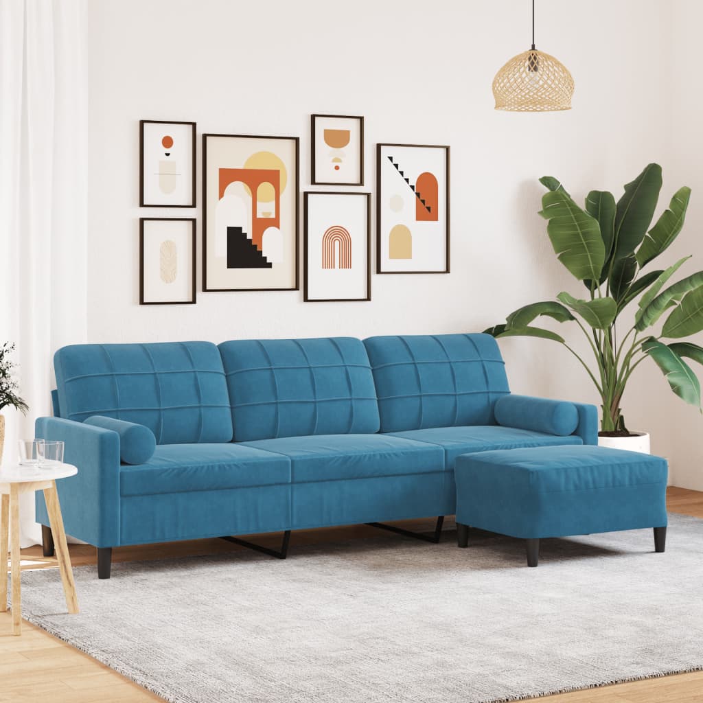 Canapé à 3 places avec repose-pieds Bleu 210 cm Velours
