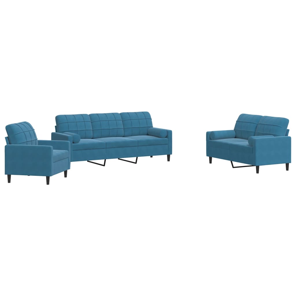 Ensemble de canapés 3pcs et coussins et traversins bleu velours
