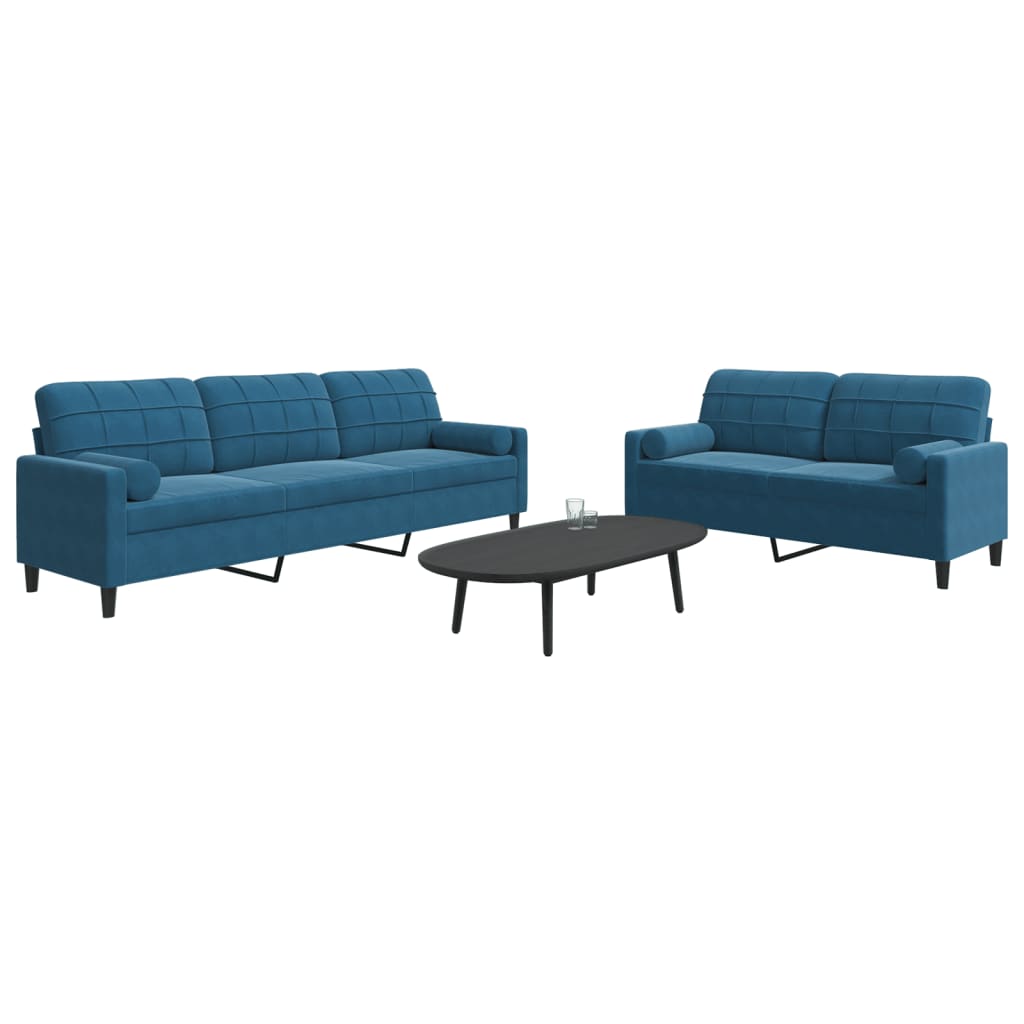 Ensemble de canapés 2pcs et coussins et traversins bleu velours