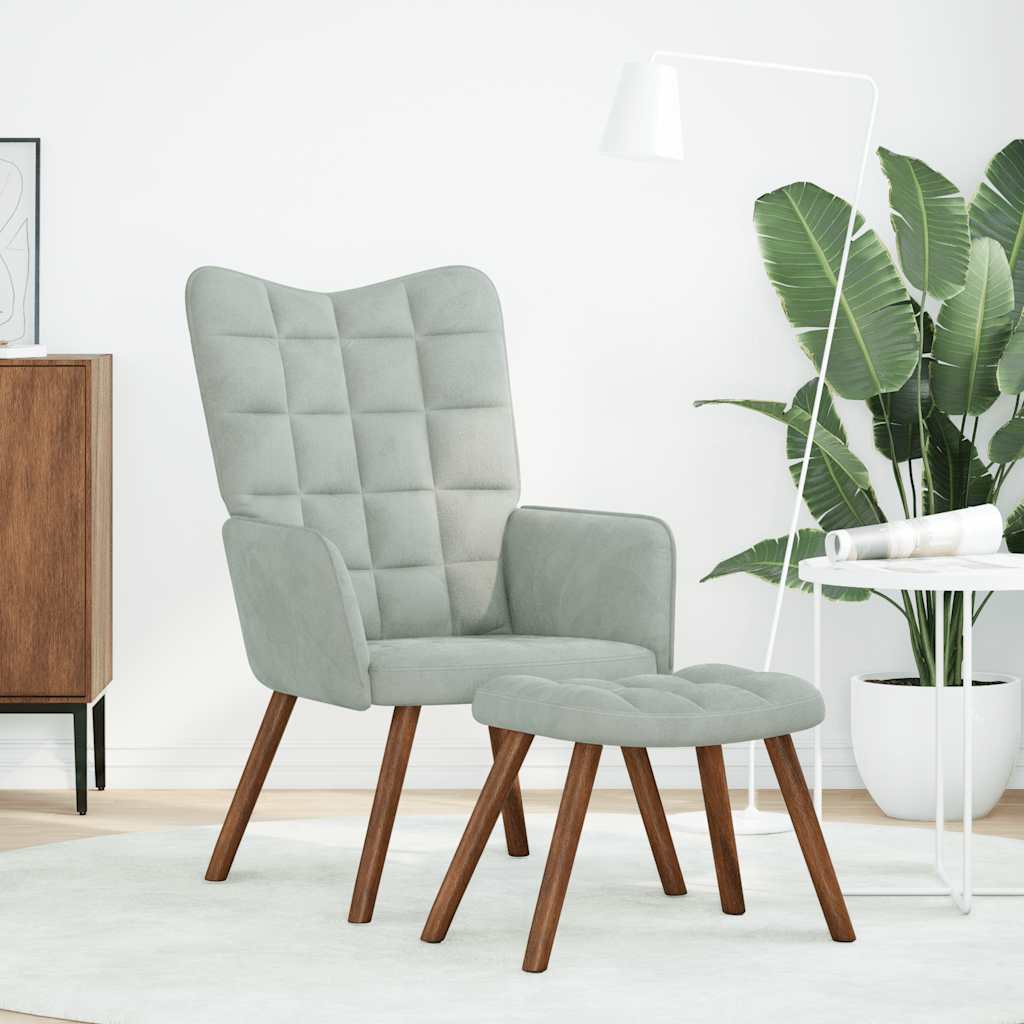 Fauteuil relax avec tabouret en velours gris clair
