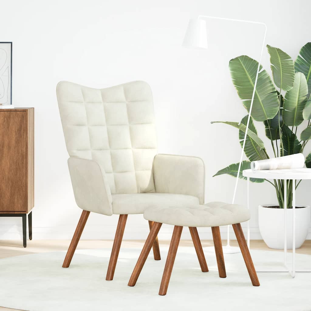 Fauteuil relax avec tabouret en velours crème