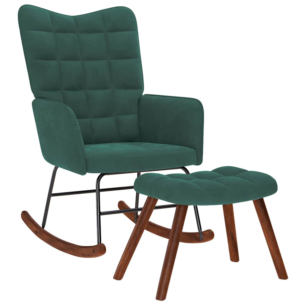 Chaise à bascule avec tabouret en velours vert foncé