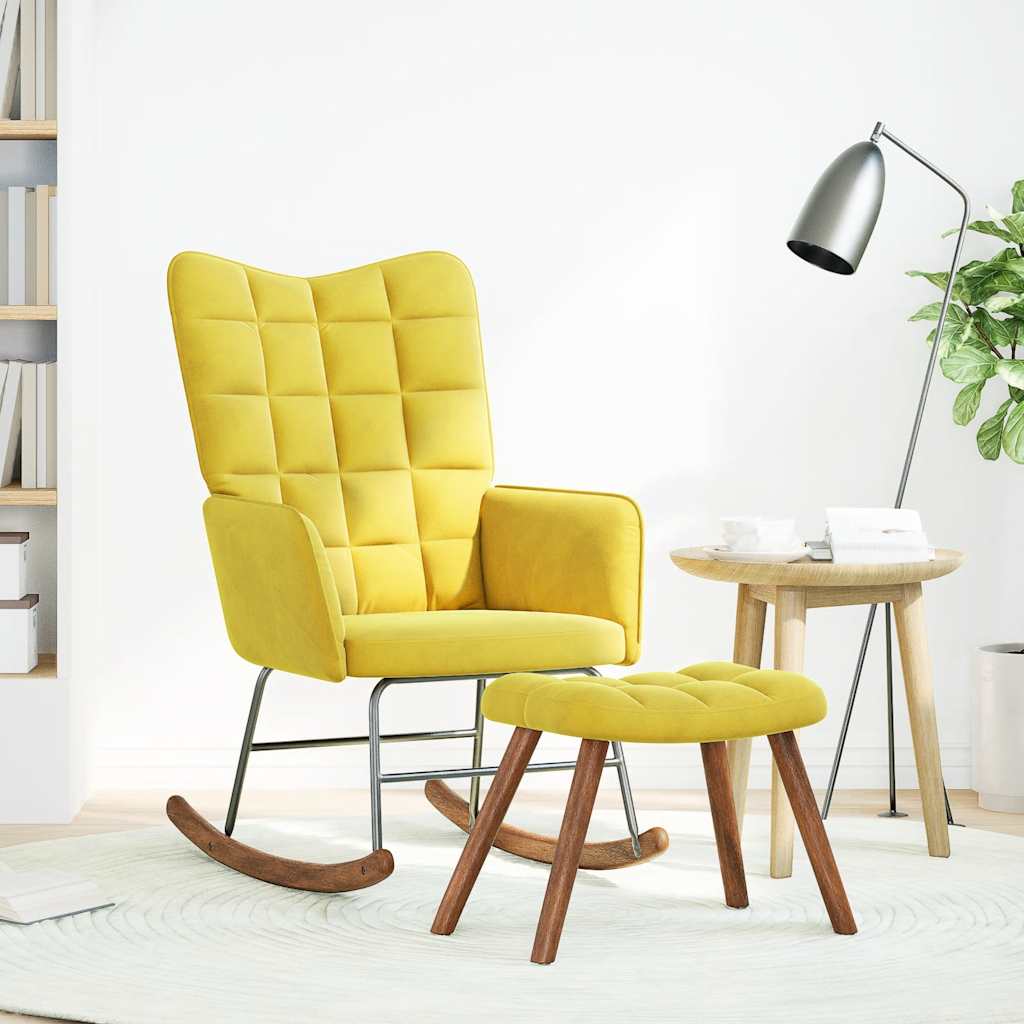 Chaise à bascule avec tabouret en velours jaune